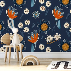 Wall Decor Wallpaper Peel and Stick Wallpaper Removable Wallpaper Home Decor Wall Art Room Decor / Navy and Orange Floral Wallpaper - B840