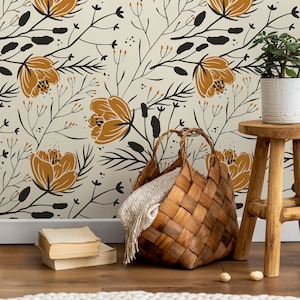 Floral Boho Wallpaper / Peel and Stick Wallpaper Removable Wallpaper Home Decor Wall Art Wall Decor Room Decor - D150