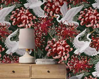 Chinoiserie Red Flower and Crane Birds / Peel and Stick Wallpaper Removable Wallpaper Home Decor Wall Art Wall Decor Room Decor - D264