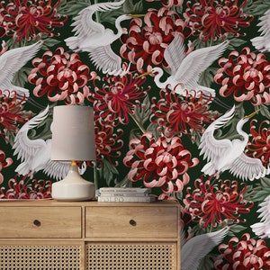 Chinoiserie Red Flower and Crane Birds / Peel and Stick Wallpaper Removable Wallpaper Home Decor Wall Art Wall Decor Room Decor - D264
