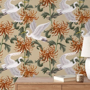 Chinoiserie Floral and Crane Birds / Peel and Stick Wallpaper Removable Wallpaper Home Decor Wall Art Wall Decor Room Decor - D263