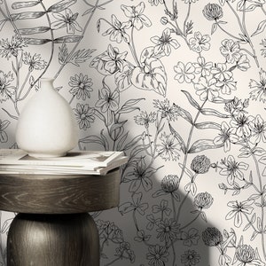Black and White Wildflowers Wallpaper / Peel and Stick Wallpaper Removable Wallpaper Home Decor Wall Art Wall Decor Room Decor - D306