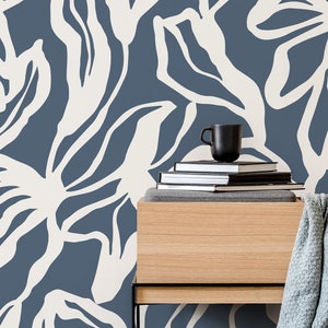 Navy Abstract Floral Wallpaper / Peel and Stick Wallpaper Removable Wallpaper Home Decor Wall Art Wall Decor Room Decor - D285