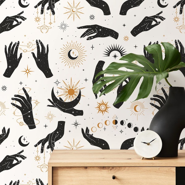 Astral Pray Wallpaper Removable Peel and Stick Wallpaper, Modern  Boho Hands Sun Moon Print Repositionable Peel and Stick Wallpaper - ZABF