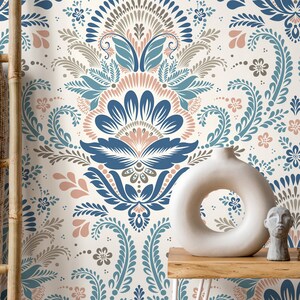 Blue and Pink Damask Wallpaper / Peel and Stick Wallpaper Removable Wallpaper Home Decor Wall Art Wall Decor Room Decor - D185