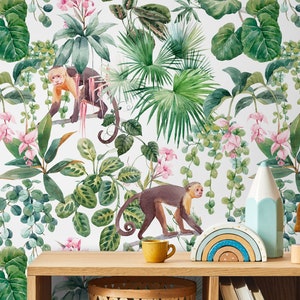 Botanical Jungle and Monkeys Wallpaper / Peel and Stick Wallpaper