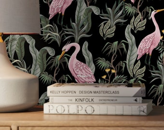 Chinoiserie Crane Birds Wallpaper / Peel and Stick Wallpaper Removable Wallpaper Home Decor Wall Art Wall Decor Room Decor - D123