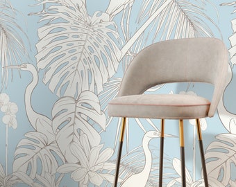 Floral Crane Birds Wallpaper / Peel and Stick Wallpaper Removable Wallpaper Home Decor Wall Art Wall Decor Room Decor - D107