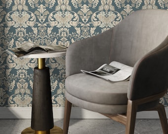 Green Victorian Damask Wallpaper / Peel and Stick Wallpaper Removable Wallpaper Home Decor Wall Art Wall Decor Room Decor - D094