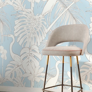 Floral Crane Birds Wallpaper / Peel and Stick Wallpaper Removable Wallpaper Home Decor Wall Art Wall Decor Room Decor - D107