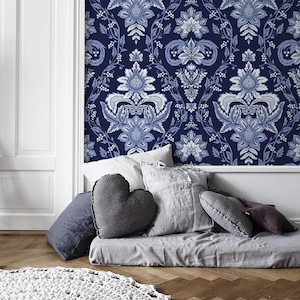 Blue Vintage Victorian Wallpaper / Peel and Stick Wallpaper Removable Wallpaper Home Decor Wall Art Wall Decor Room Decor - D223