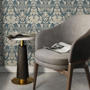 Green Victorian Damask Wallpaper / Peel and Stick Wallpaper Removable Wallpaper Home Decor Wall Art Wall Decor Room Decor - D094