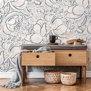 Boho Floral Hand Drawing Wallpaper / Peel and Stick Wallpaper Removable Wallpaper Home Decor Wall Art Wall Decor Room Decor - D054