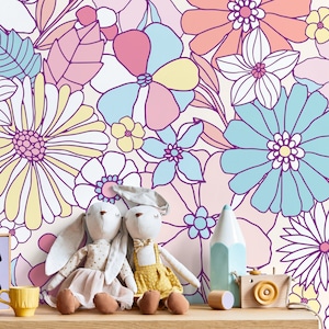 Retro Floral Wallpaper / Peel and Stick Wallpaper Removable Wallpaper Home Decor Wall Art Wall Decor Room Decor - D375