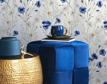 Blue Cornflower and Daisy Meadow Wallpaper on White - Peel and Stick - A143