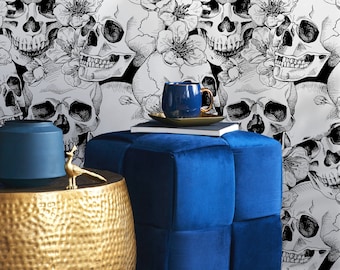 Gothic Skull and Floral Wallpaper in Black and White - Peel and Stick - A112