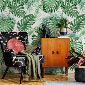 Wall Decor Wallpaper Peel and Stick Wallpaper Removable Wallpaper Home Decor Wall Art / Green Tropical Leaves Jungle Wallpaper -  A013