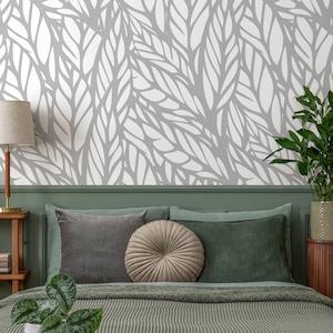 Wallpaper Peel and Stick Wallpaper Removable Wallpaper Home Decor Wall Art Wall Decor Room Decor / Gray Modern Leaves Wallpaper - A097