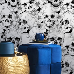 Wallpaper Removable Wallpaper Peel and Stick Wallpaper Wall Decor Home Decor Wall Art Room Decor / Black Skulls and Floral Wallpaper - A112