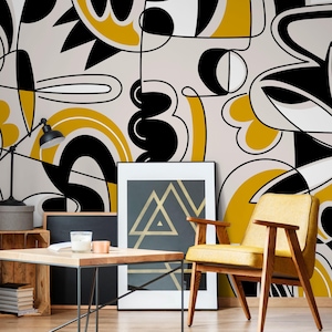 Mid-Century Modern Geometric Mustard & Black Wallpaper - D560