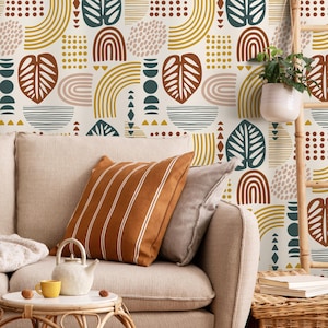 Abstract Shapes and Leaf Wallpaper / Peel and Stick Wallpaper Removable Wallpaper Home Decor Wall Art Wall Decor Room Decor - C735