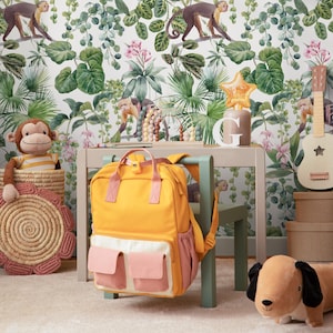 Botanical Jungle and Monkeys Wallpaper / Peel and Stick Wallpaper Removable Wallpaper Home Decor Wall Art Wall Decor Room Decor - C797