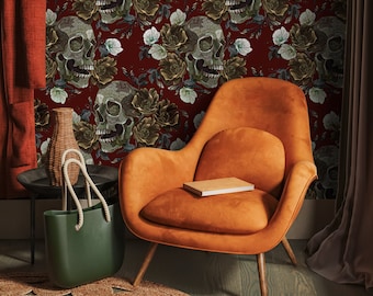 Vintage Roses Wallpaper Skulls Wallpaper Peel and Stick and Traditional Wallpaper - D909