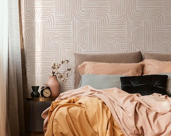 Seamless Rounded Lines Wallpaper Peel and Stick Removable Repositionable Neutral Minimalist Light Abstract Brush Strokes Boho Moderne - ZAAD