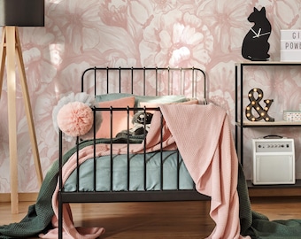 Pink Minimalist Peony Wallpaper / Peel and Stick Wallpaper Removable Wallpaper Home Decor Wall Art Wall Decor Room Decor - C990