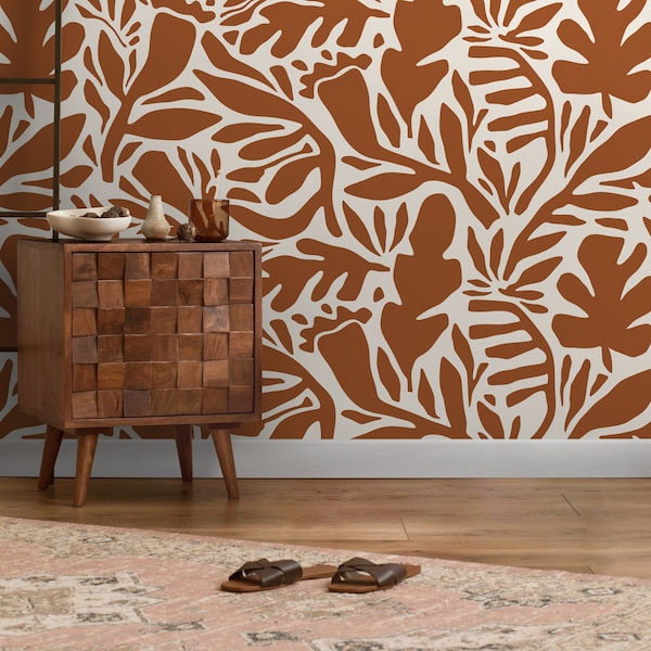 Terracotta Leaves Wallpaper Abstract Wallpaper Peel and Stick and Traditional Wallpaper - D698