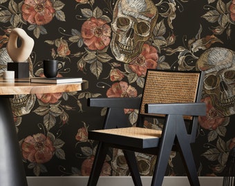 Large Skull Wallpaper Dark Roses Wallpaper Peel and Stick and Traditional Wallpaper - D890
