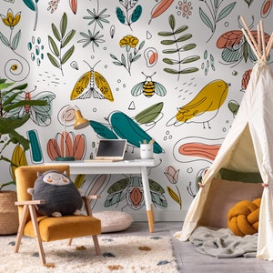 Wallpaper Peel and Stick Wallpaper Removable Wallpaper Home Decor Wall Art Room Decor / Cute Floral and Butterflies Wallpaper - B982