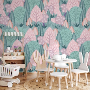 Wall Decor Wallpaper Peel and Stick Wallpaper Removable Wallpaper Home Decor Wall Art Room Decor/ Pink and Green Forest Kids Wallpaper -B747
