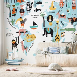 Animals World Map Wallpaper / Peel and Stick Wallpaper Removable Wallpaper Home Decor Wall Art Wall Decor Room Decor - D491