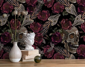 Gothic Floral Wallpaper Fish Skeleton and Skull Wallpaper Peel and Stick and Traditional Wallpaper - D915