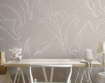 The Beige Minimalist Peony Mural  Mural Self Adhesive Large Scale Wallpaper Peony Floral Traditional Pre-pasted or Peel and Stick - ZADQ