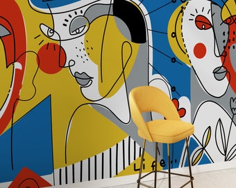 Colorful Line Art Mural Abstract Wallpaper Peel and Stick Wallpaper Home Decor - D605