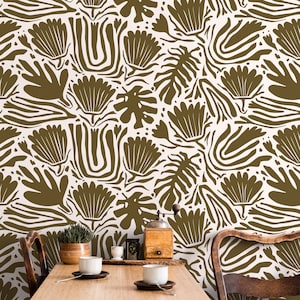 Olive Green Floral Abstract Wallpaper Modern Wallpaper Peel and Stick and Traditional Wallpaper - D661