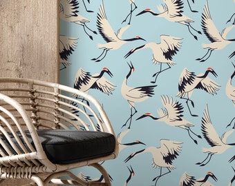 Crane Birds Wallpaper / Peel and Stick Wallpaper Removable Wallpaper Home Decor Wall Art Wall Decor Room Decor - D403