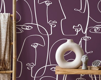 Purple Face Art Line Wallpaper / Peel and Stick Wallpaper Removable Wallpaper Home Decor Wall Art Wall Decor Room Decor - D495