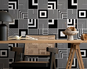 Wall Decor Wallpaper Peel and Stick Wallpaper Removable Wallpaper Home Decor Wall Art Room Decor / Black and White Squares Wallpaper - B789