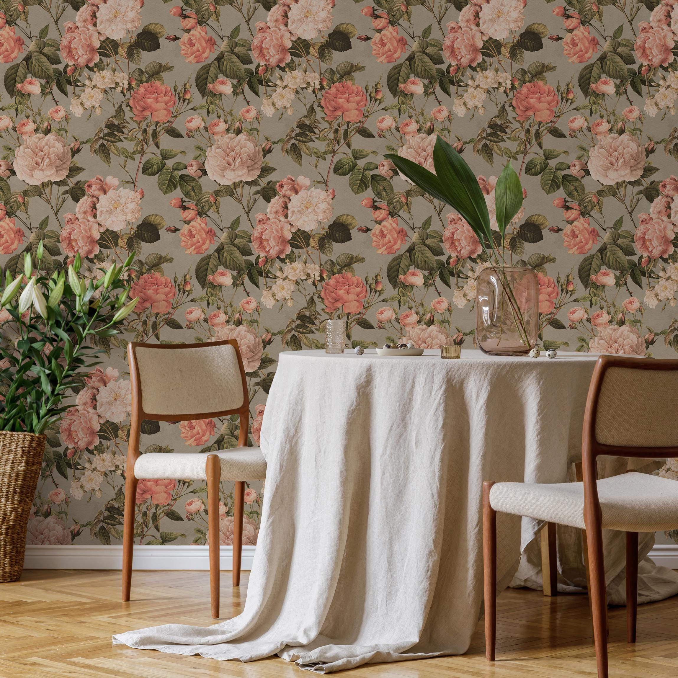 Floral Wallpaper With Vintage Roses and Peonies in Pink, Green, and ...