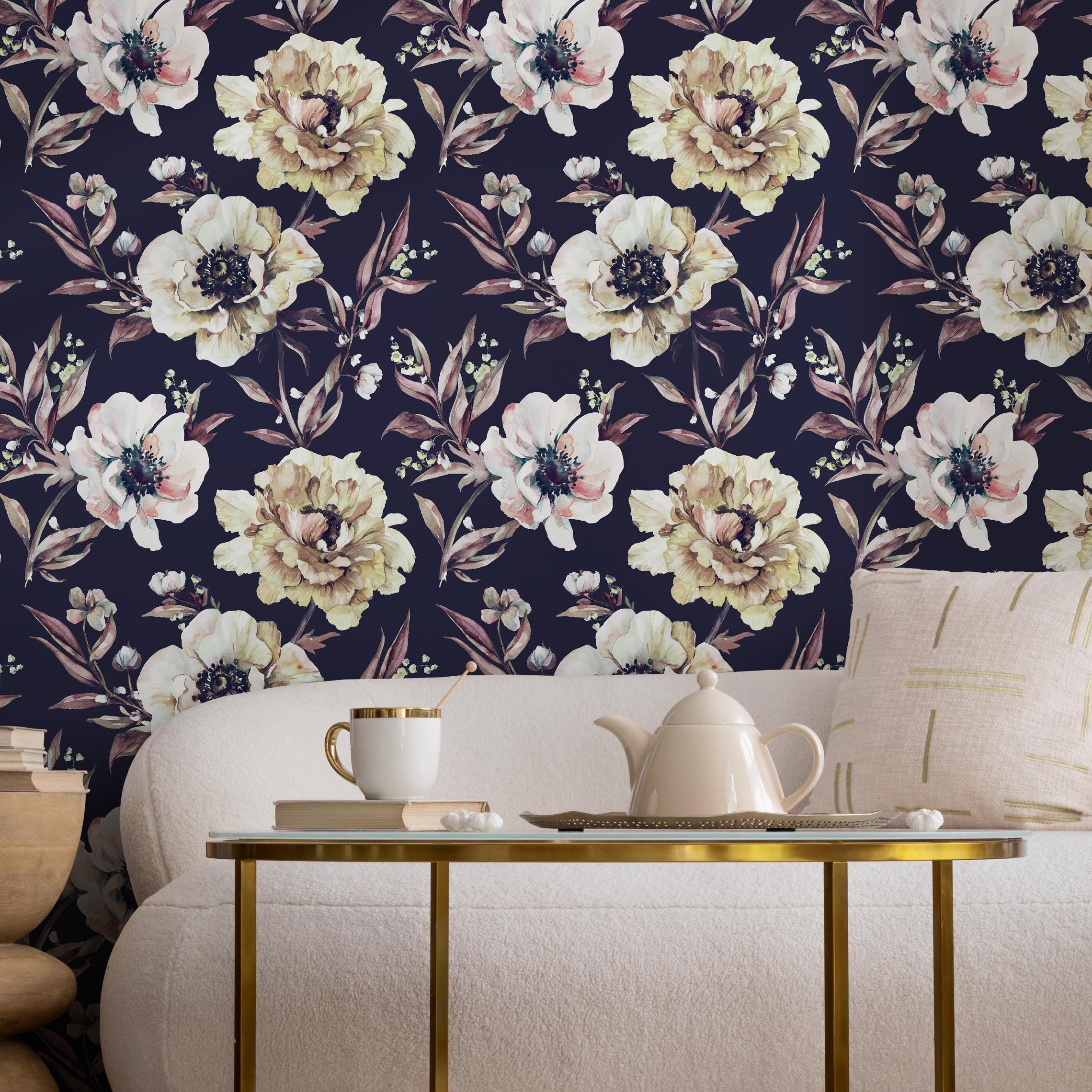 Floral Wallpaper With Vintage Peonies in Navy Blue, Cream, and Pink ...