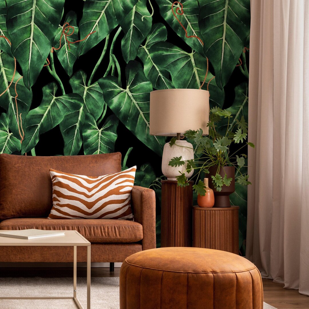 Botanical Wallpaper With Lush Jungle Leaves in Green, Black, and Orange ...