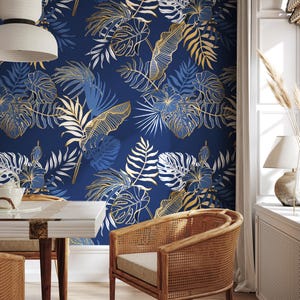 Tropical Art Deco Navy Gold Wallpaper - B024