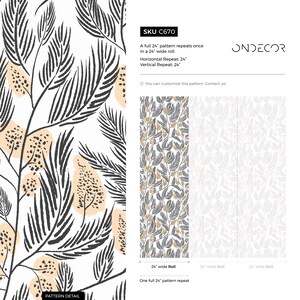 May include: A black and white floral pattern wallpaper with a beige background. The pattern features stylized leaves and small dots. The wallpaper is available in a 24-inch wide roll and repeats once in a 24-inch wide roll. The text "SKU C670" and "ONDECOR" is visible in the image.