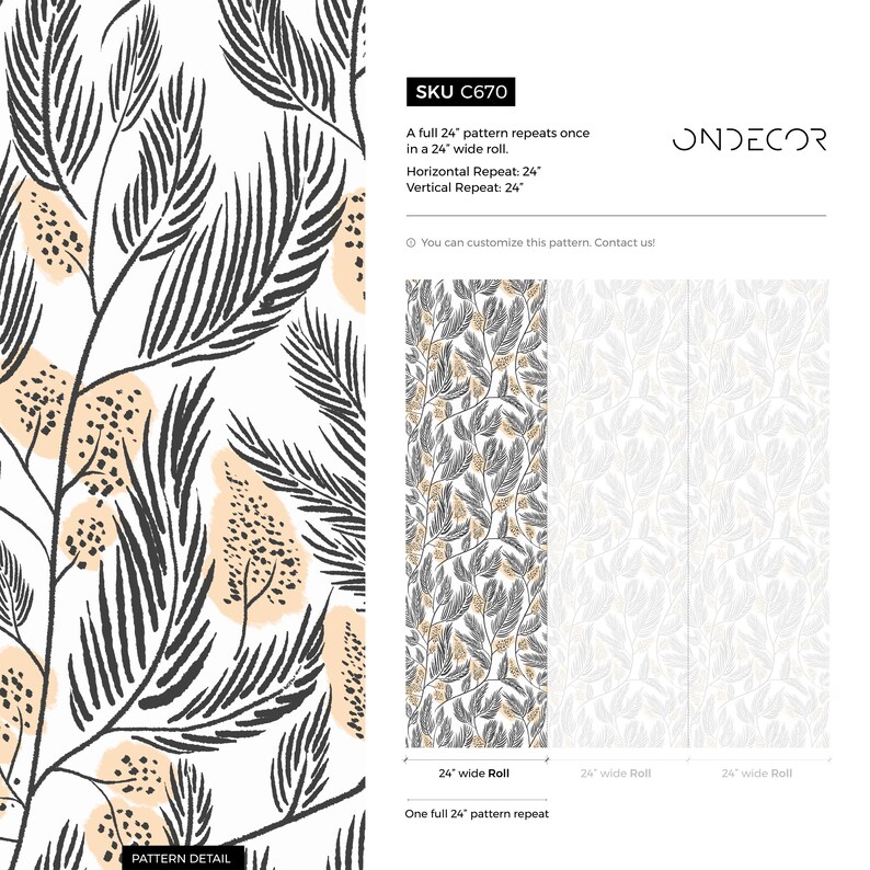 May include: A black and white floral pattern wallpaper with a beige background. The pattern features stylized leaves and small dots. The wallpaper is available in a 24-inch wide roll and repeats once in a 24-inch wide roll. The text "SKU C670" and "ONDECOR" is visible in the image.