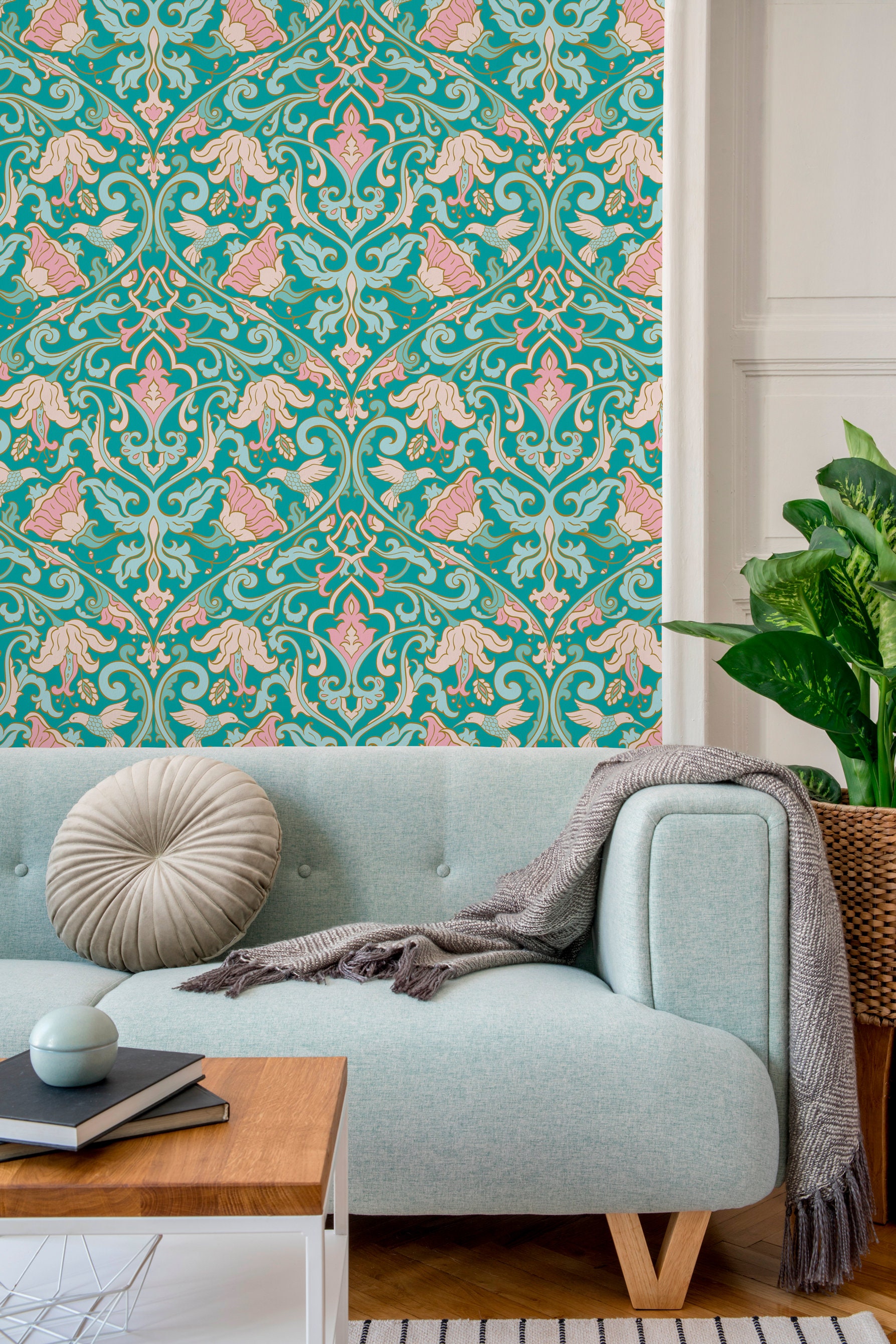 Buy Turquoise Background Chinoiserie Peel and Stick Wallpaper Online in  India  Etsy