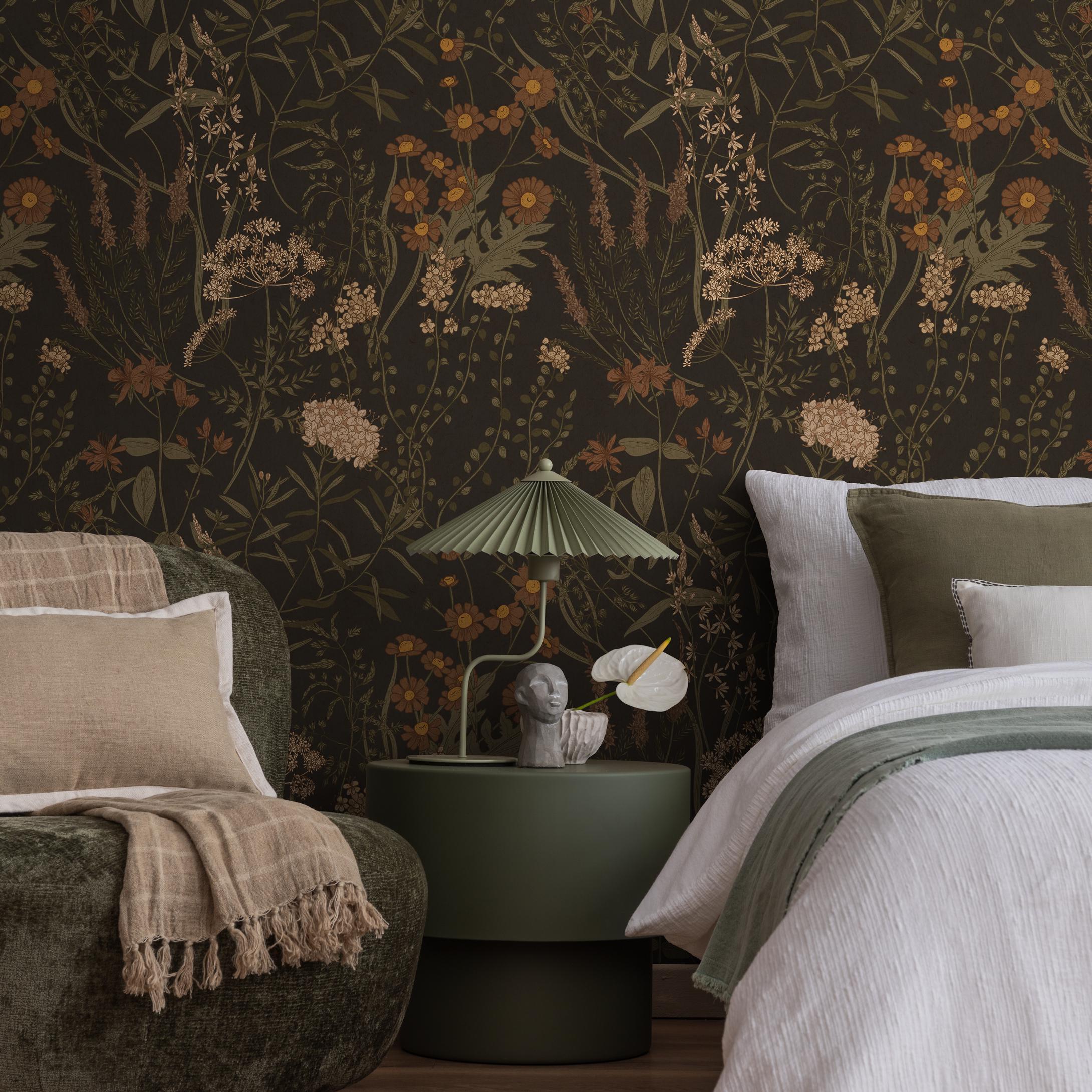 Botanical Wallpaper With a Vintage Wildflower Meadow in Brown, Green ...