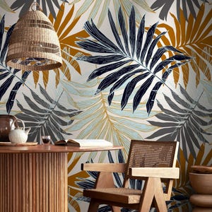 Tropical Wallpaper with Mid-Century Palm Leaves in Gold, Blue, and Gray - B070